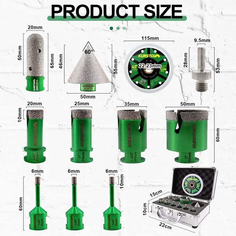 KURSTOL Diamond Core Drill Bits Kit - 11pcs 6/6/6/20/25/35/50mm+2" Beveling Chamfer Bit+3/4" Finger Milling Bit+Triangle Adapter to 5/8-11" Thread+4.5" Cutting disc for Porcelain Ceramic Tile Granite - Image 2